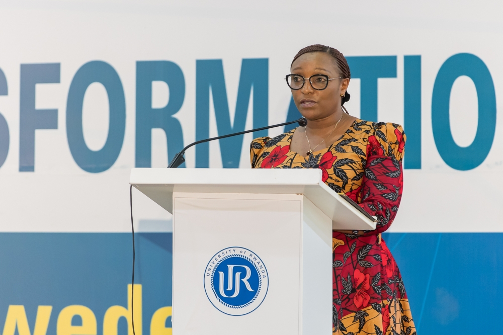 Minister of Education Valentine Uwamariya delivers remarks at the event.