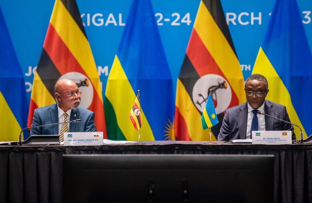 Minister of Foreign Affairs Vincent Biruta and Uganda’s Minister of Foreign Affairs, Jeje Odongo,(Left) during a ministerial session on Friday, March 24, Photos by Olivier Mugwiza