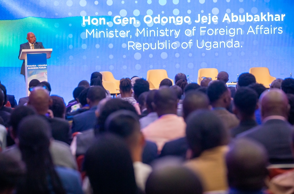 Uganda&#039;s Minister of Foreign Affairs, Gen. Odongo Jeje Abubakhar speaks at the Rwanda-Uganda business forum in Kigali, on the sidelines of the eleventh Rwanda-Uganda Joint Permanent Commission in Kigali on March 24. Photos by Olivier Mugwiza