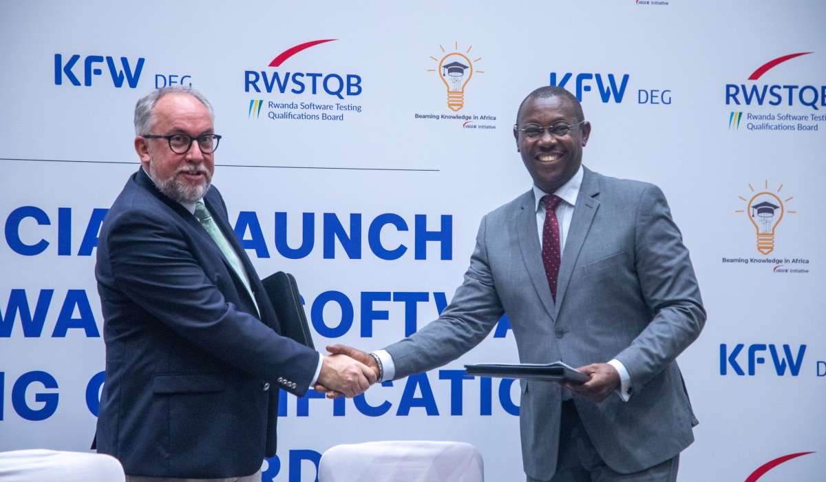 Stephen Goericke, CEO of iSQI GmbH (left) and President of the RWSTQB, Robert Ford (right) during the signing ceremony on March 22. All Photos by Dan Gatsinzi