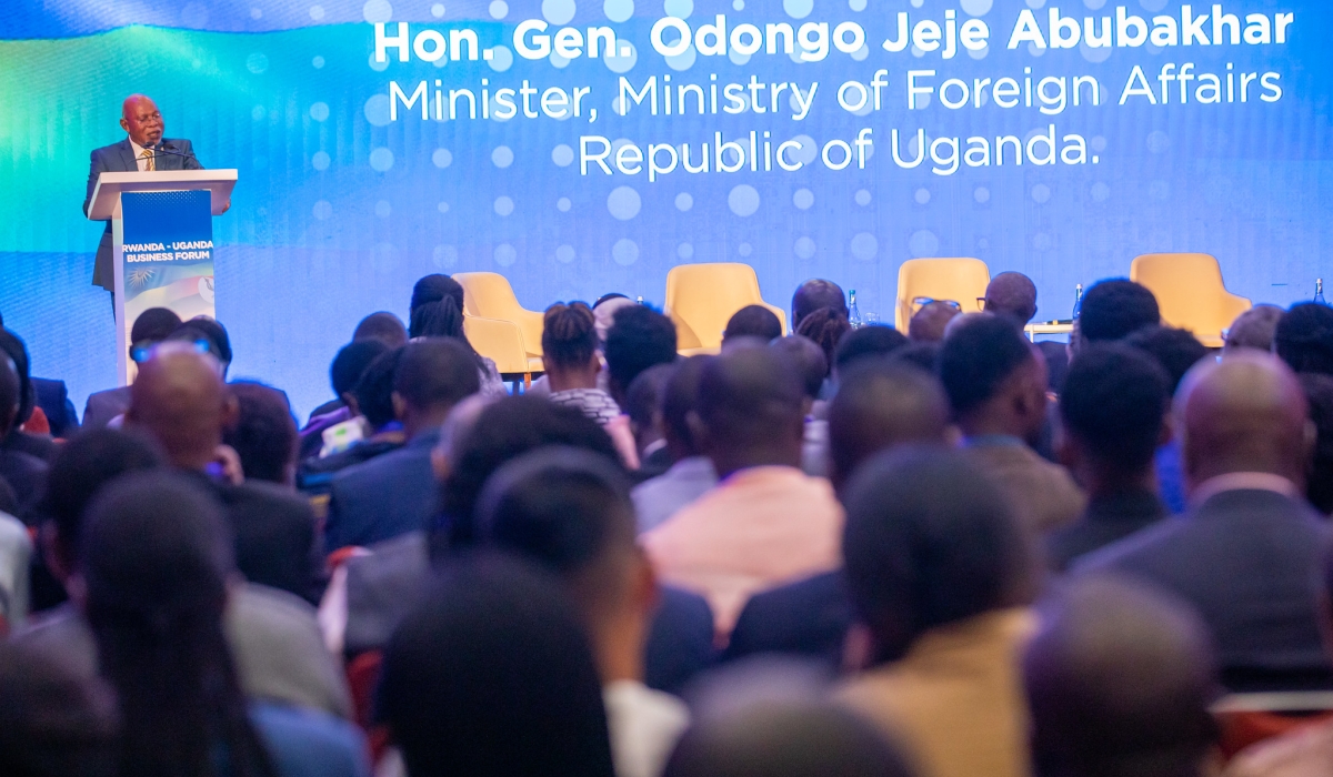 Uganda&#039;s Minister of Foreign Affairs, Gen. Odongo Jeje Abubakhar speaks at the Rwanda-Uganda business forum in Kigali, on the sidelines of the eleventh Rwanda-Uganda Joint Permanent Commission in Kigali on March 24. Photos by Olivier Mugwiza