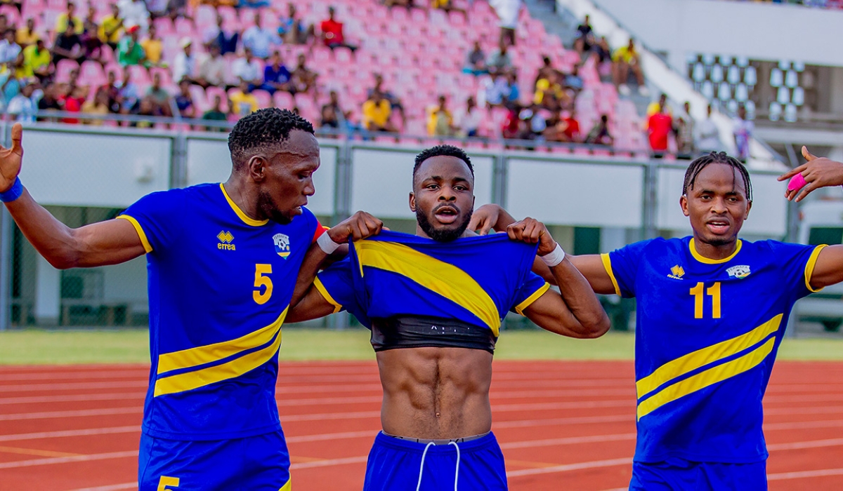Striker Mugisha (c) flanked by Skipper Meddie Kagere and Kevin Muhire as they celebrate the goal. Amavubi will host the Cheetahs of Benin at Kigali Pele Stadium on Wednesday, March 29.