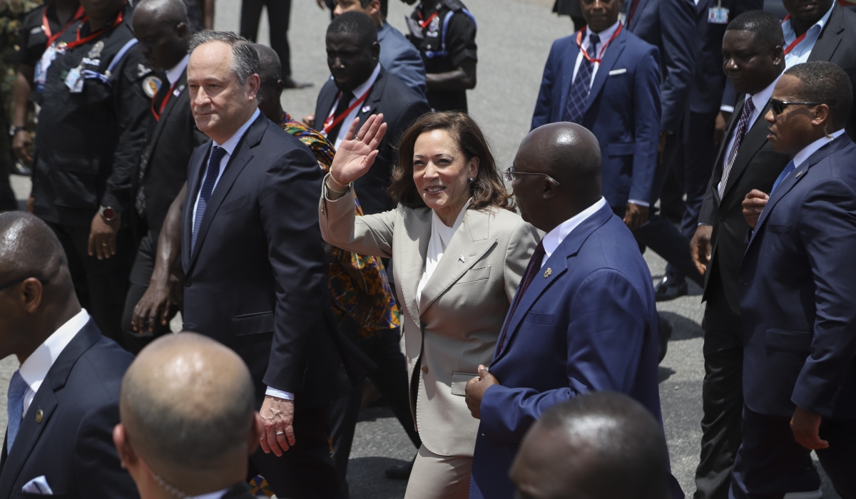 U.S. Vice President Kamala Harris waves as she arrives in Accra, Ghana, Sunday March 26, 2023. Harris is on a seven-day African visit that will also take her to Tanzania and Zambia. (AP Photo/Misper Apawu)