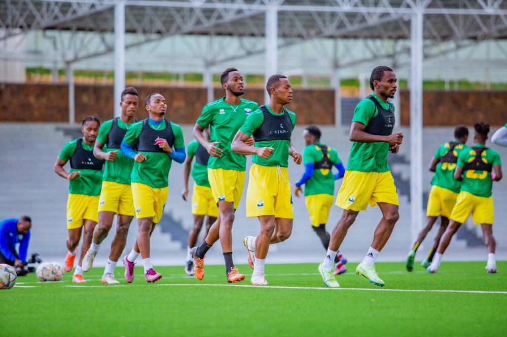 National football team players during a training session on March 27. Rwanda will face Benin in Wednesday’s second leg match qualifier  at  Kigali Pele Stadium. Courtesy