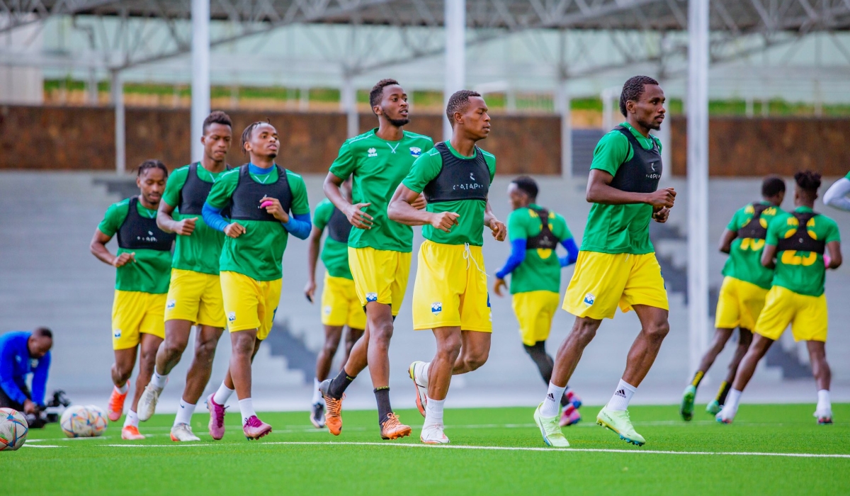 National football team players during a training session on March 27. Rwanda will face Benin in Wednesday’s second leg match qualifier  at  Kigali Pele Stadium. Courtesy