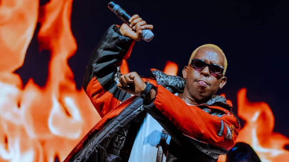 Kinyatrap star Bushali during a performance in Kigali.