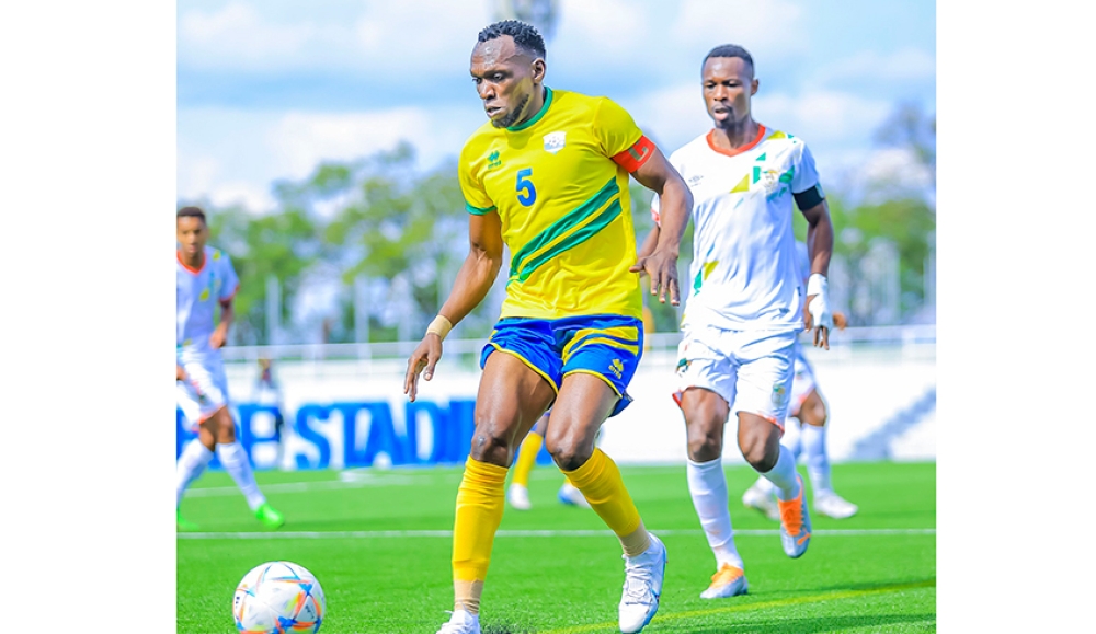 Rwanda football team captain Meddie Kagere during the 1-all draw in a tightly-contested AFCON Group L qualifier held on Wednesday, March 29, at
empty Kigali Pelé Stadium. Photo: Courtesy.