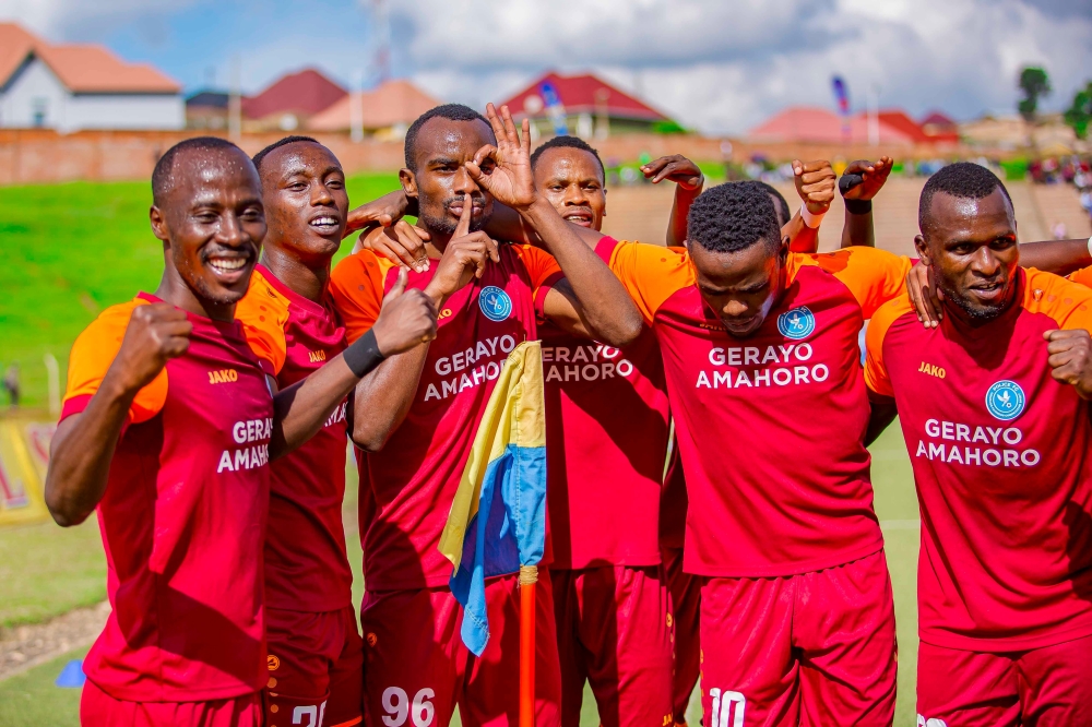 Police FC players celebrate the 4-2 victory against Rayon Sports at Muhanga Stadium. Courtesy
