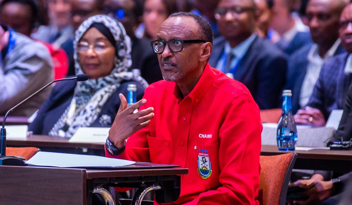 President Paul Kagame speaks at an international conference hosted by the ruling RPF-Inkotanyi, on Saturday, April 1. Photo by Olivier Mugwiza