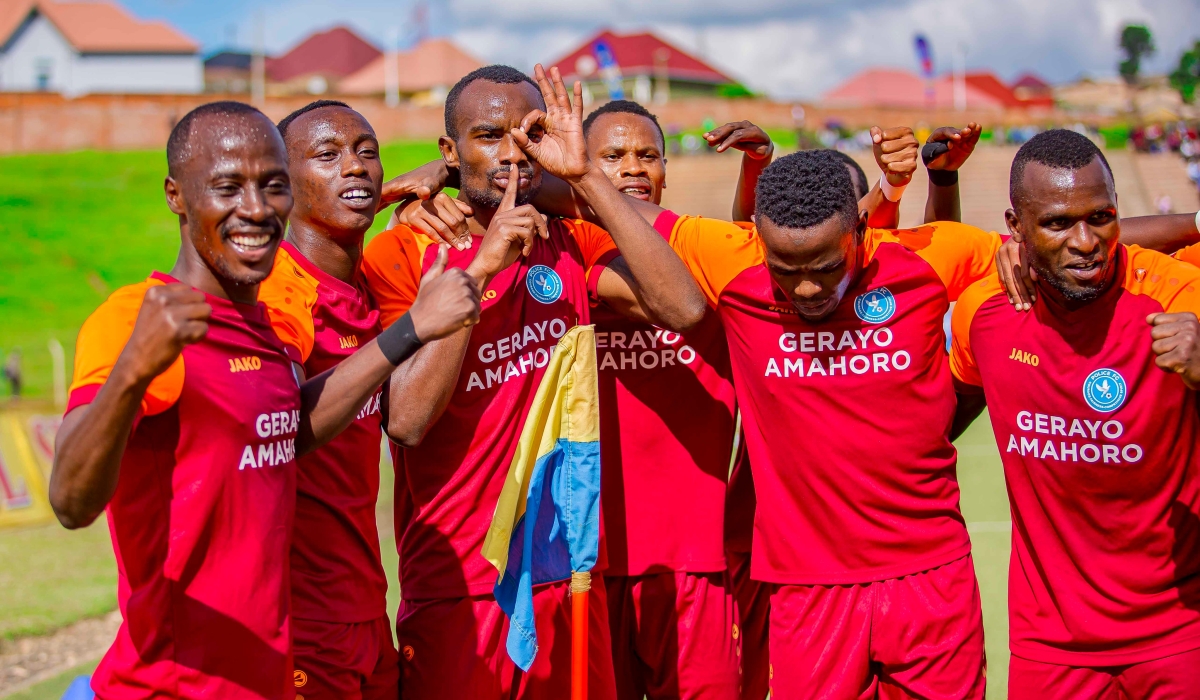 Police FC players celebrate the 4-2 victory against Rayon Sports at Muhanga Stadium. Courtesy