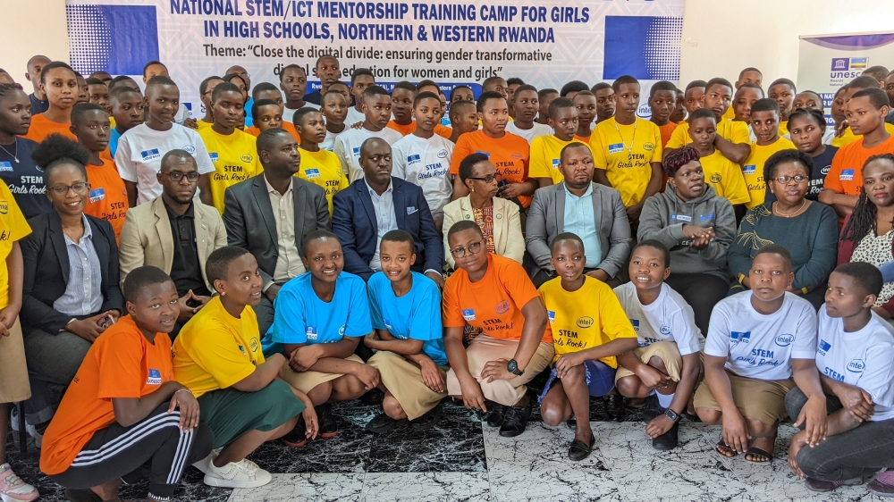 Officials pose for a photo with girls from Northern and Western Province who are  participating in the six-day boot camp in Nyabihu. Germain Nsanzimana