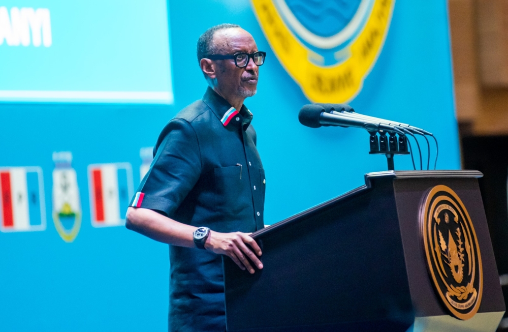 RPF Inkotanyi Chairman, President Paul Kagame addresses members at the 16th national congress during the celebration of the 35th anniversary at the party’s headquarters Intare Conference Arena on Sunday, April 2. Olivier Mugwiza