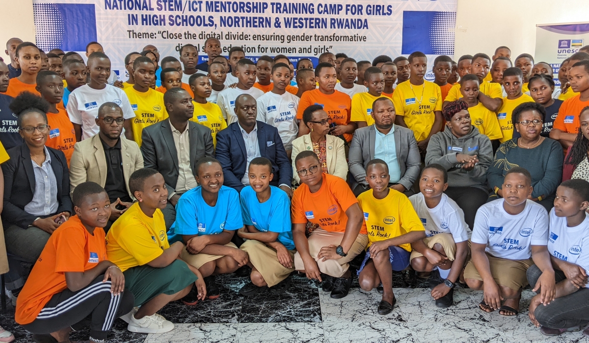 Officials pose for a photo with girls from Northern and Western Province who are  participating in the six-day boot camp in Nyabihu. Germain Nsanzimana