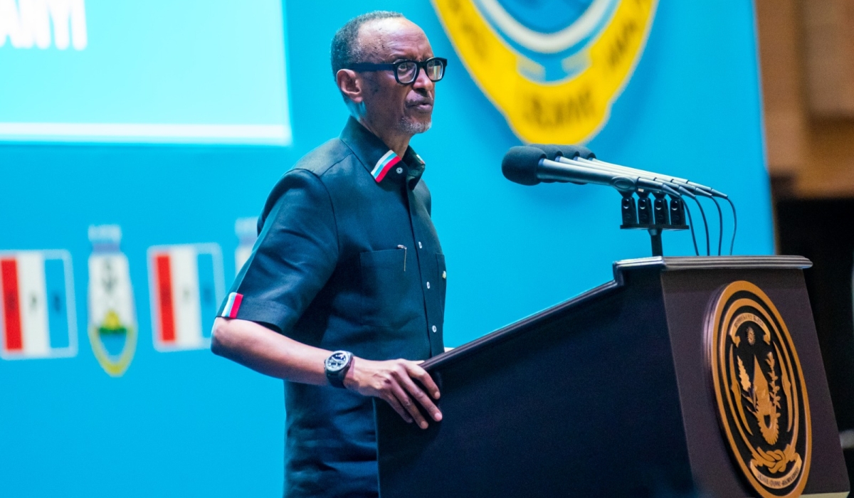 RPF Inkotanyi Chairman, President Paul Kagame addresses members at the 16th national congress during the celebration of the 35th anniversary at the party’s headquarters Intare Conference Arena on Sunday, April 2. Olivier Mugwiza