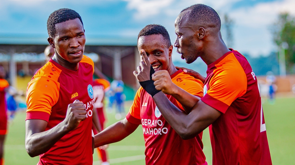 Police FC players celebrate the crucial win of 4-2 over Rayon Sports at Muhanga stadium on April 1. Courtesy