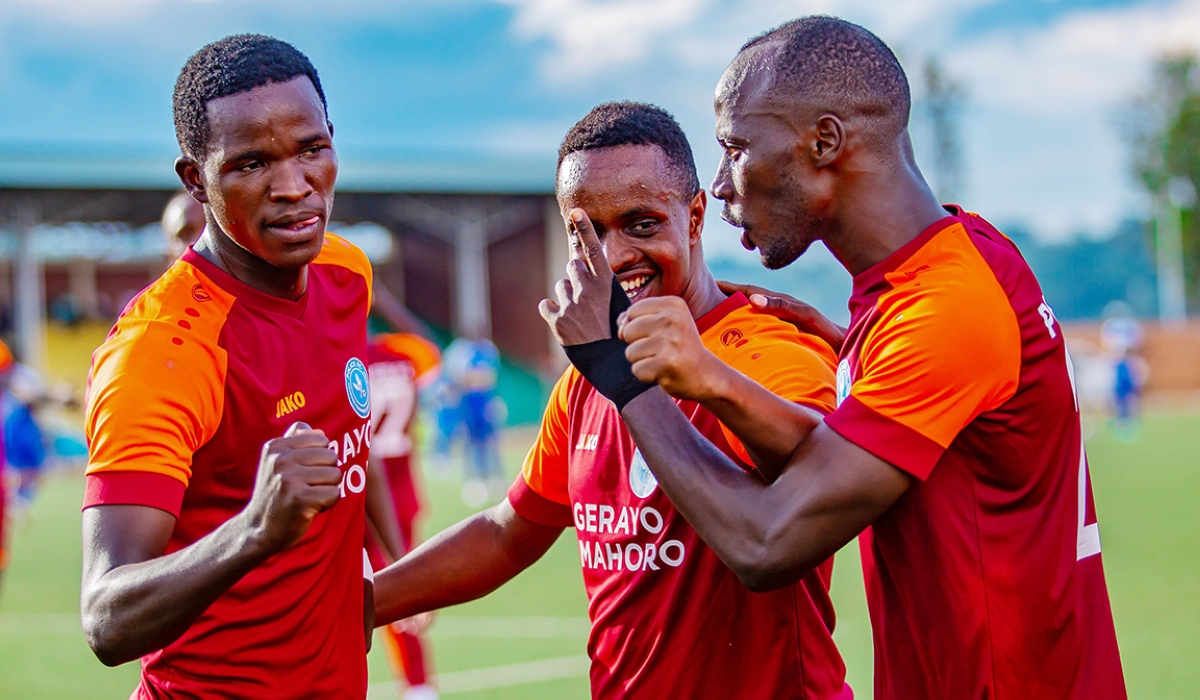 Police FC players celebrate the crucial win of 4-2 over Rayon Sports at Muhanga stadium on April 1. Courtesy