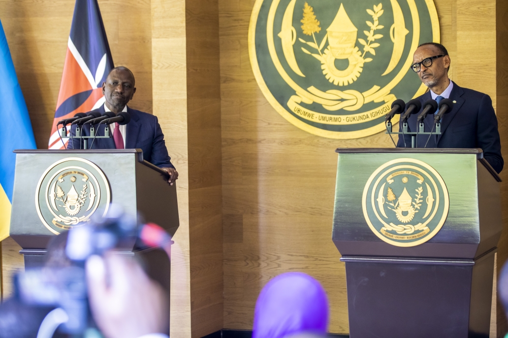 President Paul Kagame and President William Ruto during a joint news briefing at Village Urugwiro during his  two-day state visit in Rwanda, on Tuesday, April 4. Photos by Olivier Mugwiza