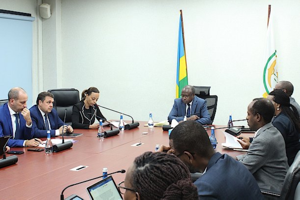 Minister of Finance and Economic planning Uzziel Ndagijimana meets a delegation from the International Monetary Fund (IMF) mission team on Tuesday, April 4. Courtesy