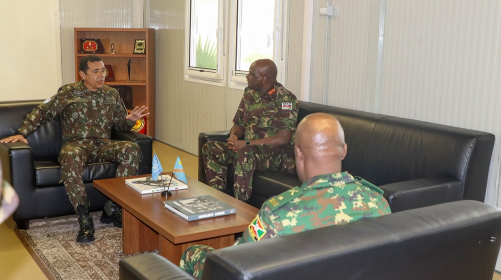 EACRF Commander Maj Gen Jeff Nyagah and MONUSCO Force Commander Lt Gen Otávio Rodrigues meet at MONUSCO Headquarters on Tuesday, 4th April 2023. Courtesy