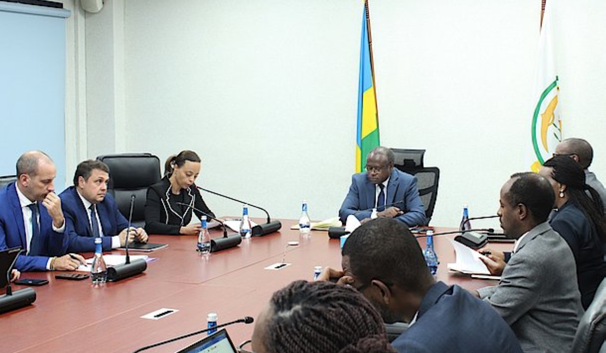 Minister of Finance and Economic planning Uzziel Ndagijimana meets a delegation from the International Monetary Fund (IMF) mission team on Tuesday, April 4. Courtesy