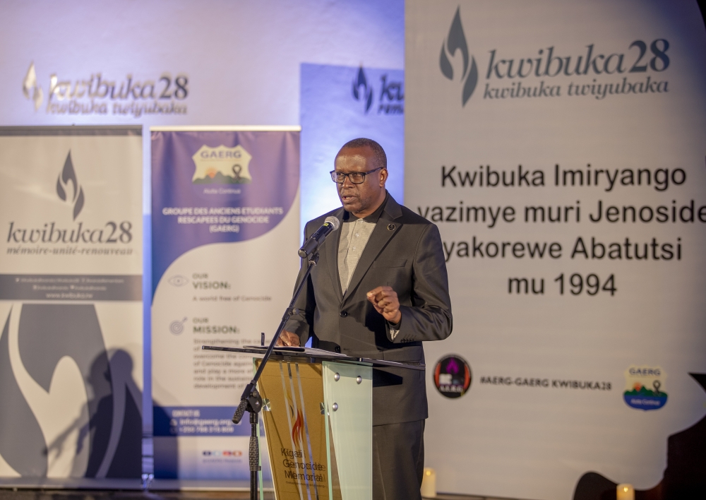 Jean-Damascène Bizimana, the Minister for National Unity and Civic Engagement addresses a commemoration event to pay tribute to the wiped out Tutsi families during the Genocide Against the Tutsi on June 5, 2022. Courtesy