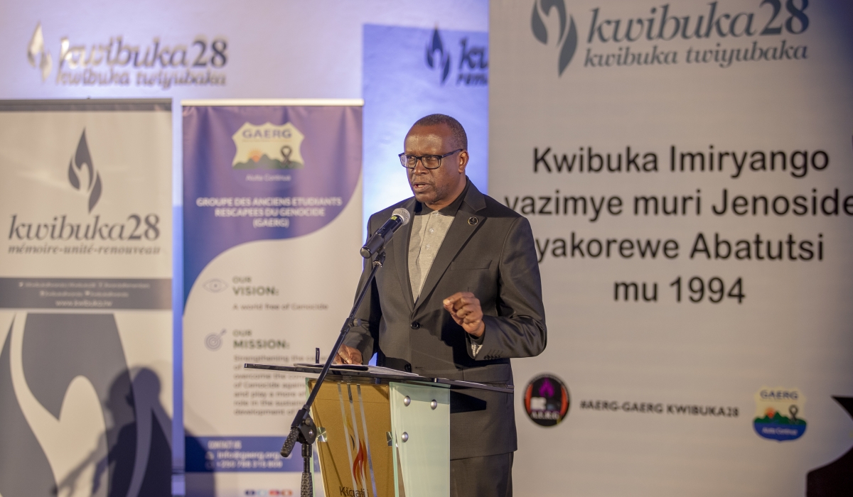 Jean-Damascène Bizimana, the Minister for National Unity and Civic Engagement addresses a commemoration event to pay tribute to the wiped out Tutsi families during the Genocide Against the Tutsi on June 5, 2022. Courtesy