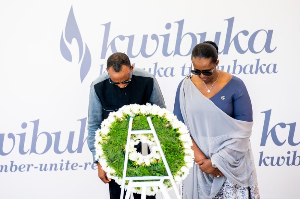 President Paul Kagame and First lay a wreath to pay respect to victims of the Genocide Against the Tutsi at Kigali Genocide Memorial, as Rwandans start the commemoration week on Friday, April 7. Photo by Olivier Mugwiza