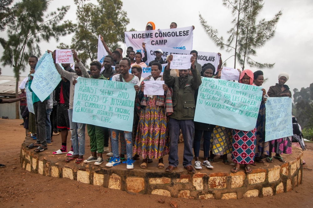 Refugees during a peaceful protest against the ongoing atrocities against Tutsi in DR Congo, at Kigeme refugee camp in Nyamagabe District, on December 12, 2022. Willy Mucyo