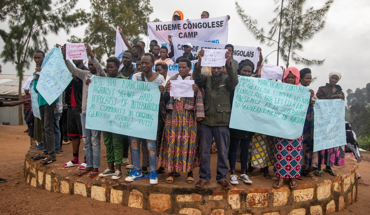 Refugees during a peaceful protest against the ongoing atrocities against Tutsi in DR Congo, at Kigeme refugee camp in Nyamagabe District, on December 12, 2022. Willy Mucyo