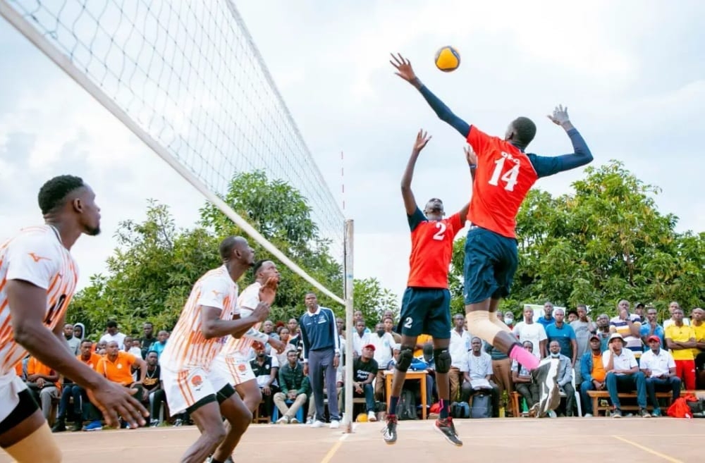 REG Volleyball players in action as they face Gisagara Volleyball Club in a past game. The volleyball memorial tournament scheduled for June 3-4. Courtesy