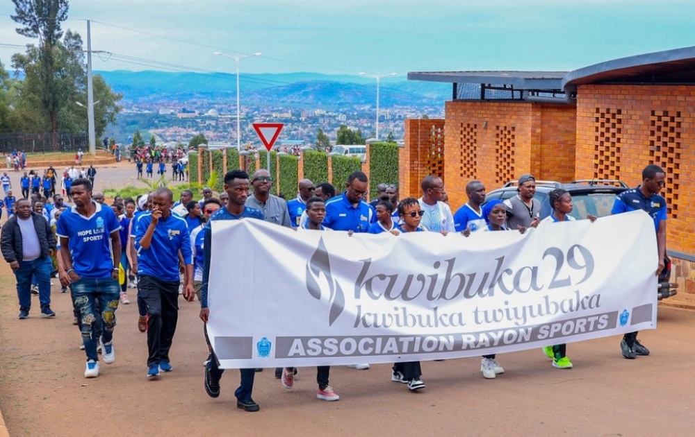 Rayon Sports players, staff and supporters during a walk to remember victims of Genocide Against the Tutsi at Nyanza-Kicukiro Genocide Memorial on April 8. Courtesy