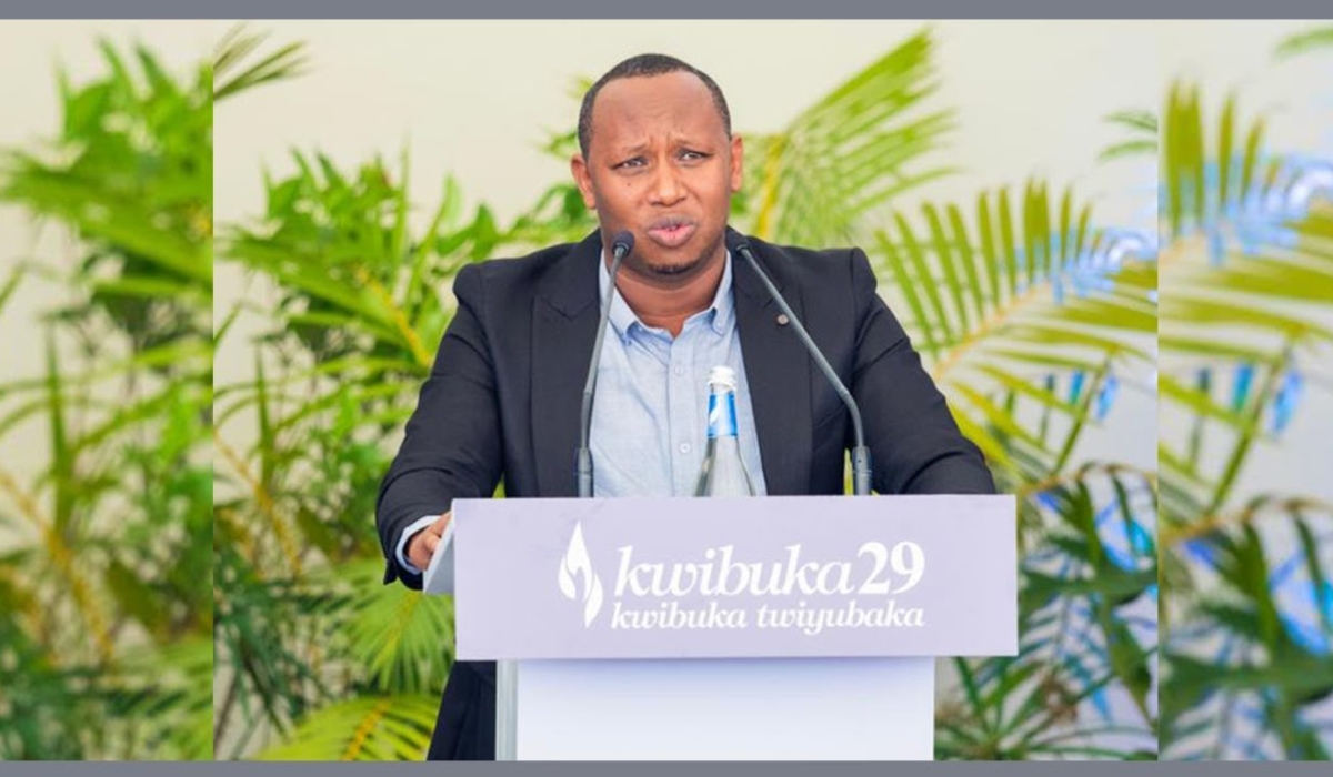 Eric Mwizerwa delivers his testemony during the commemoration of the Genocide Against the Tutsi on April 7. Courtesy