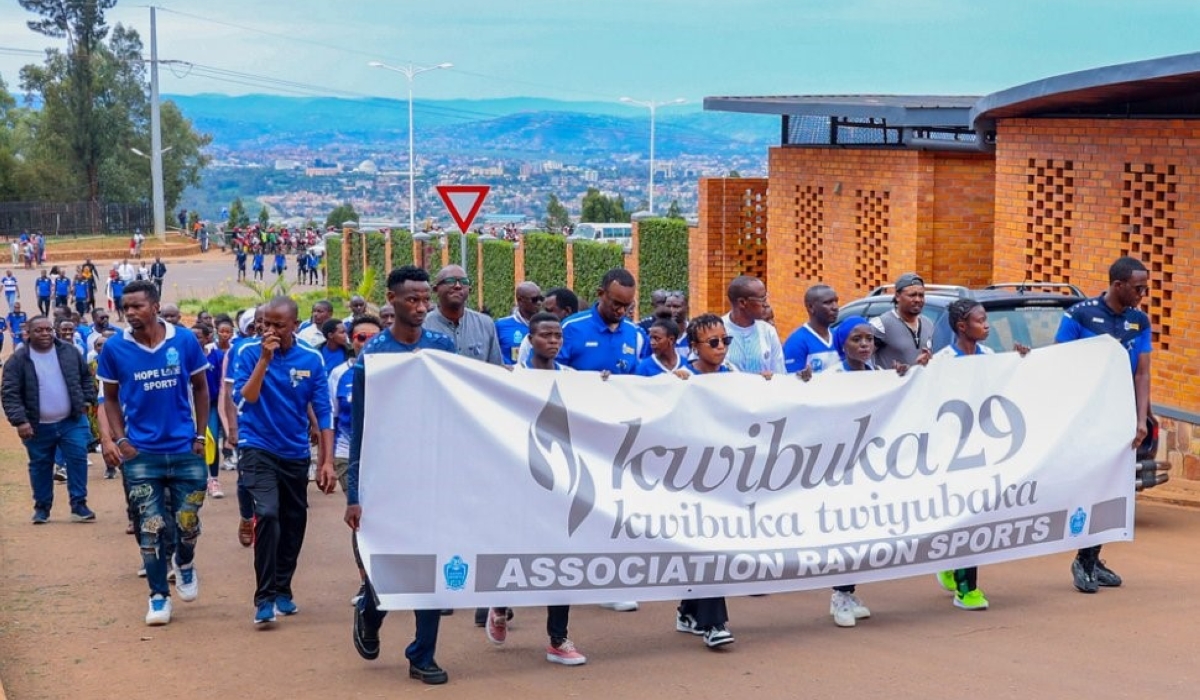 Rayon Sports players, staff and supporters during a walk to remember victims of Genocide Against the Tutsi at Nyanza-Kicukiro Genocide Memorial on April 8. Courtesy