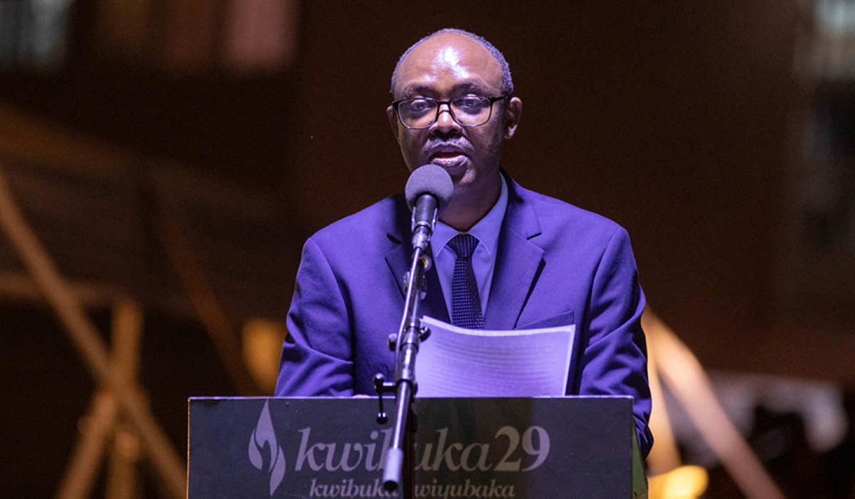 Philbert Gakwenzire, President of Ibuka addresses mourners during the commemoration of over 105,000 victims who were killed in the Genocide against the Tutsi in 1994, at Nyanza, Kicukiro on April 11. Dan Gatsinzi