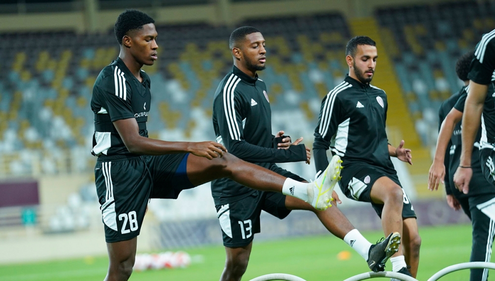 Rwandan youngster Patrick Mutsinzi(#28 Left) who plays for Al Wahda in UAE as a striker, seen here during a training session with his teammates