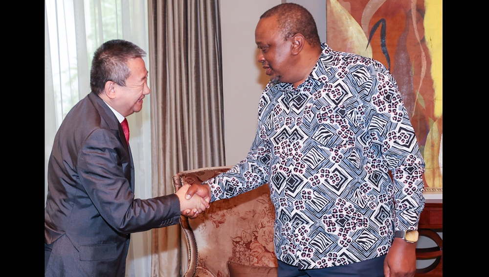 Kenya’s former president Uhuru Kenyatta, the Facilitator of the East African Community -led Nairobi Peace Process meetsthe United Nations Special Envoy for the Great Lakes Region, Huang Xia on  April 13. Courtesy