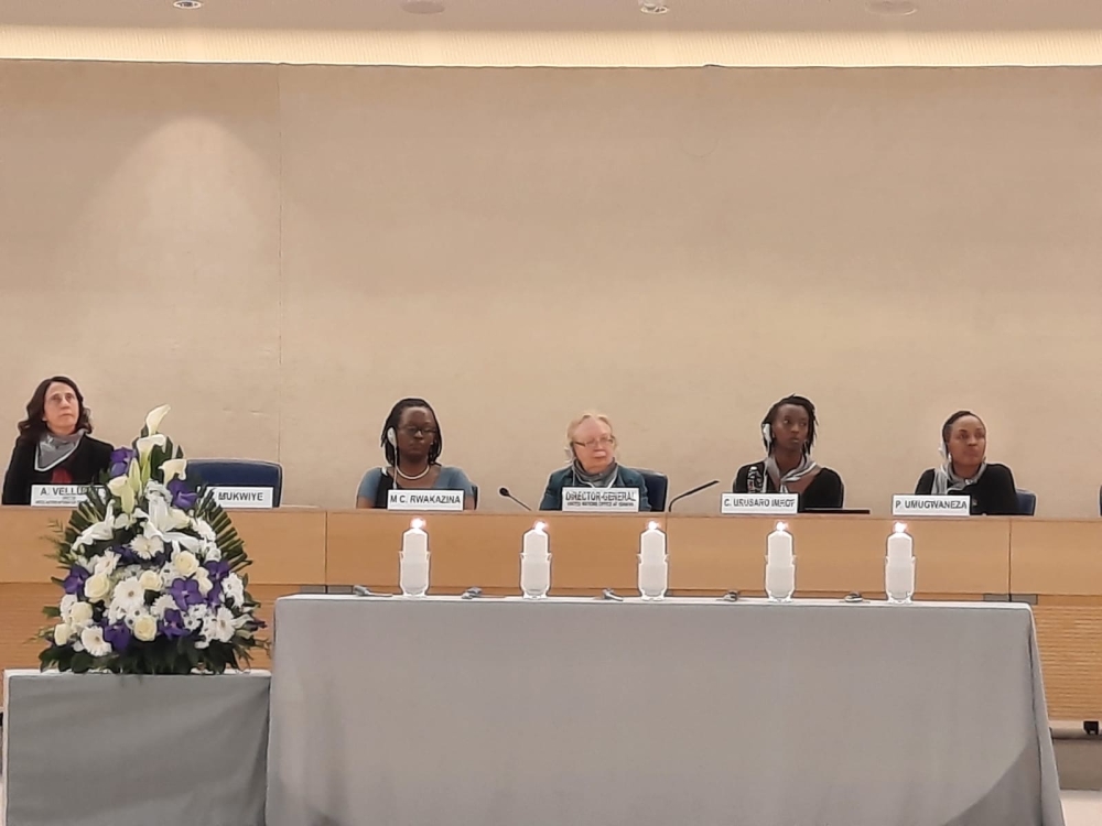 Amb Marie Chantal Rwakazina, Rwanda’s envoy to Switzerland (2nd Left) with other panelists during an event to mark the International Day of Reflection on the 1994 Genocide against the Tutsi in Rwanda, at the Palais des Nation