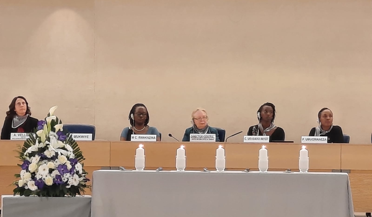 Amb Marie Chantal Rwakazina, Rwanda’s envoy to Switzerland (2nd Left) with other panelists during an event to mark the International Day of Reflection on the 1994 Genocide against the Tutsi in Rwanda, at the Palais des Nation