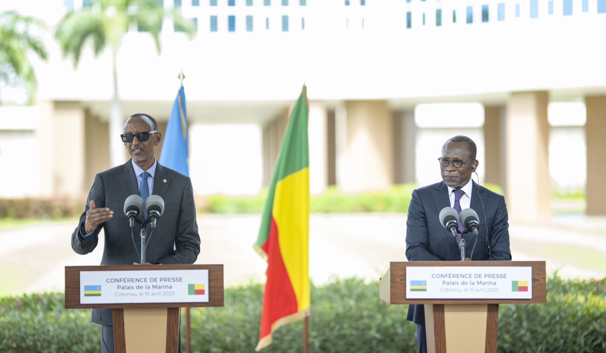 President Paul Kagame and President Patrice Talon of Benin address journalists during a joint press conference during the state visit to Benin on Saturday, April 14.   Photos by Village Urugwiro