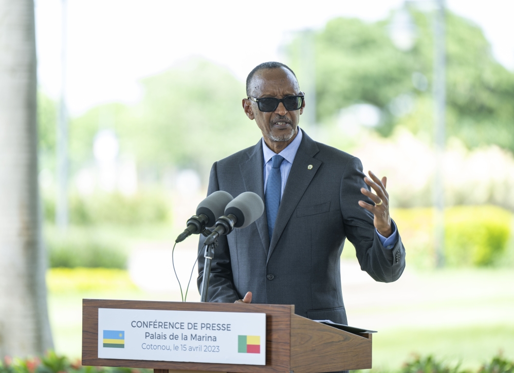 President Paul Kagame addressing press conference co-hosted by Benin&#039;s President during the two-day state visit in Cotonou on Saturday, April 15. Photo Village Urugwiro