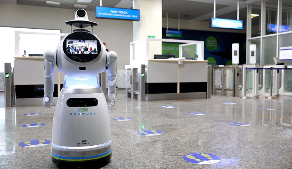 One of the robots that were deployed at Kigali International Airport to among others take vitals for travellers exiting or arriving in the country at the
height of the Covid-19 pandemic. Photo: File.