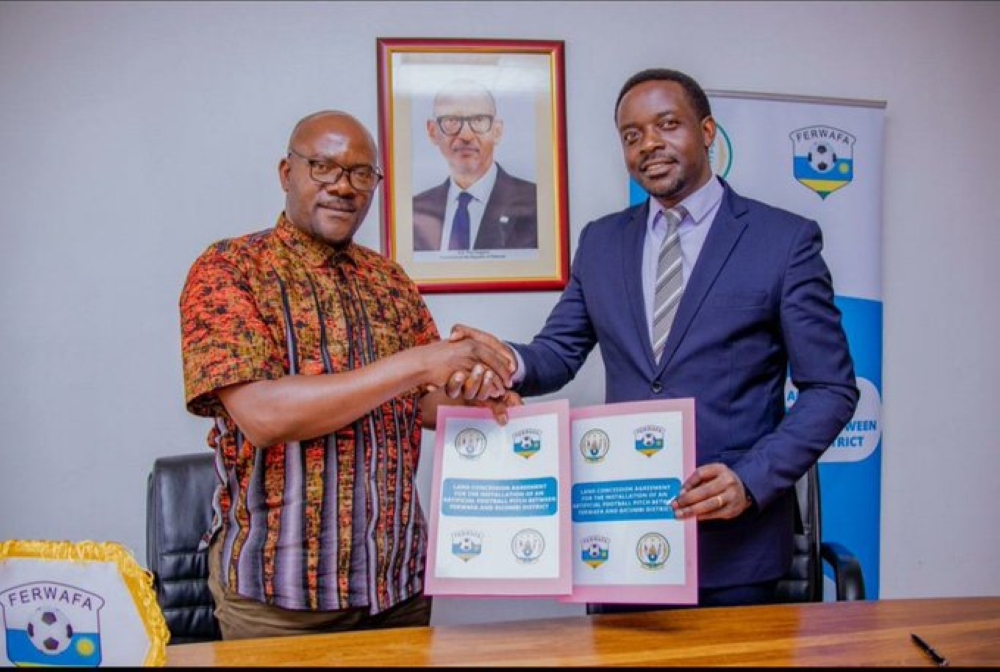 FERWAFA&#039;s vice president Marcel Habyarimana (L) has assumed office as the Federation’s incumbent president. Courtesy