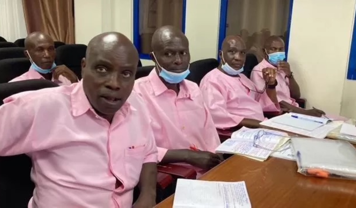 Leopold Mujyambere alias Musenyeri, Joseph Habyarimana Joseph alias Mchebo Sophoni, Marc Habimana, Felicien Ruzindana, Emmanuel Habimana, and Emilien Mpakaniye during court hearing.