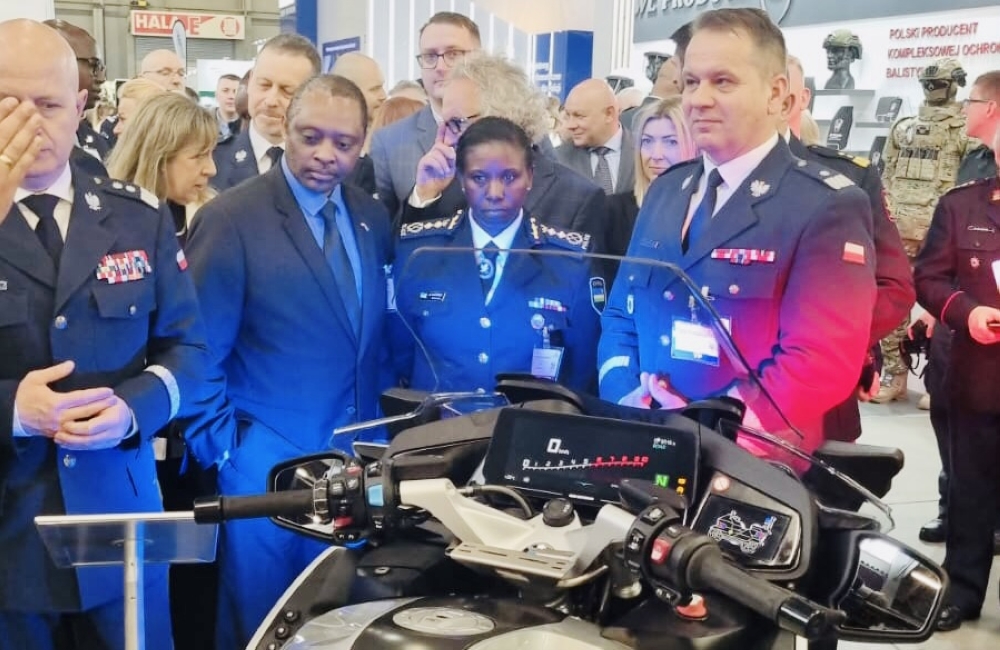 The Deputy Inspector General of Police in charge of Administration and Personnel, Jeanne Chantal Ujeneza, and Rwanda&#039;s envoy in Poland, Amb Anastase Shyaka, at the International Police and Security Expo, POLSECURE 2023, in Poland.