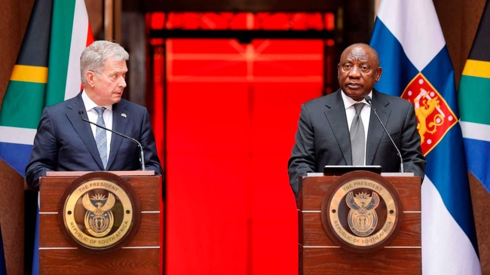 Finland&#039;s President Sauli Niinisto and South Africa’s President Cyril Ramaphosa on April 25, 2023 during a joint press conference at the Union Buildings in Pretoria. Ramaphosa said South Africa&#039;s ANC governing party decided it is prudent the country should pull out of the ICC. Photo: AFP