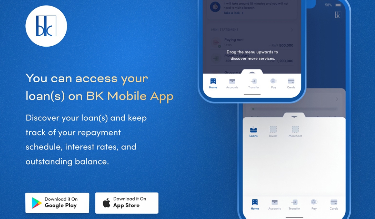 Bank of Kigali has introduced the loan repayment feature available on the BK Mobile app. It allows clients to keep track of their repayment schedule, interest rates, and outstanding balance without queuing at a bank. Photo: Courtesy.