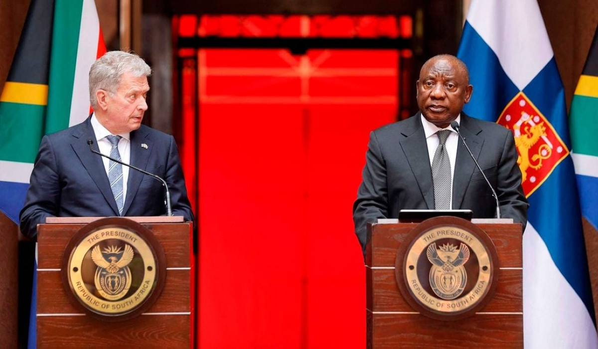Finland&#039;s President Sauli Niinisto and South Africa’s President Cyril Ramaphosa on April 25, 2023 during a joint press conference at the Union Buildings in Pretoria. Ramaphosa said South Africa&#039;s ANC governing party decided it is prudent the country should pull out of the ICC. Photo: AFP