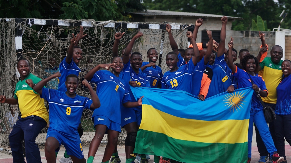 Rwanda&#039;s U17 women&#039;s national handball team celebrate after  beating Tanzania to progress to Zone 5 semi-finals leading Group A-Courtesy