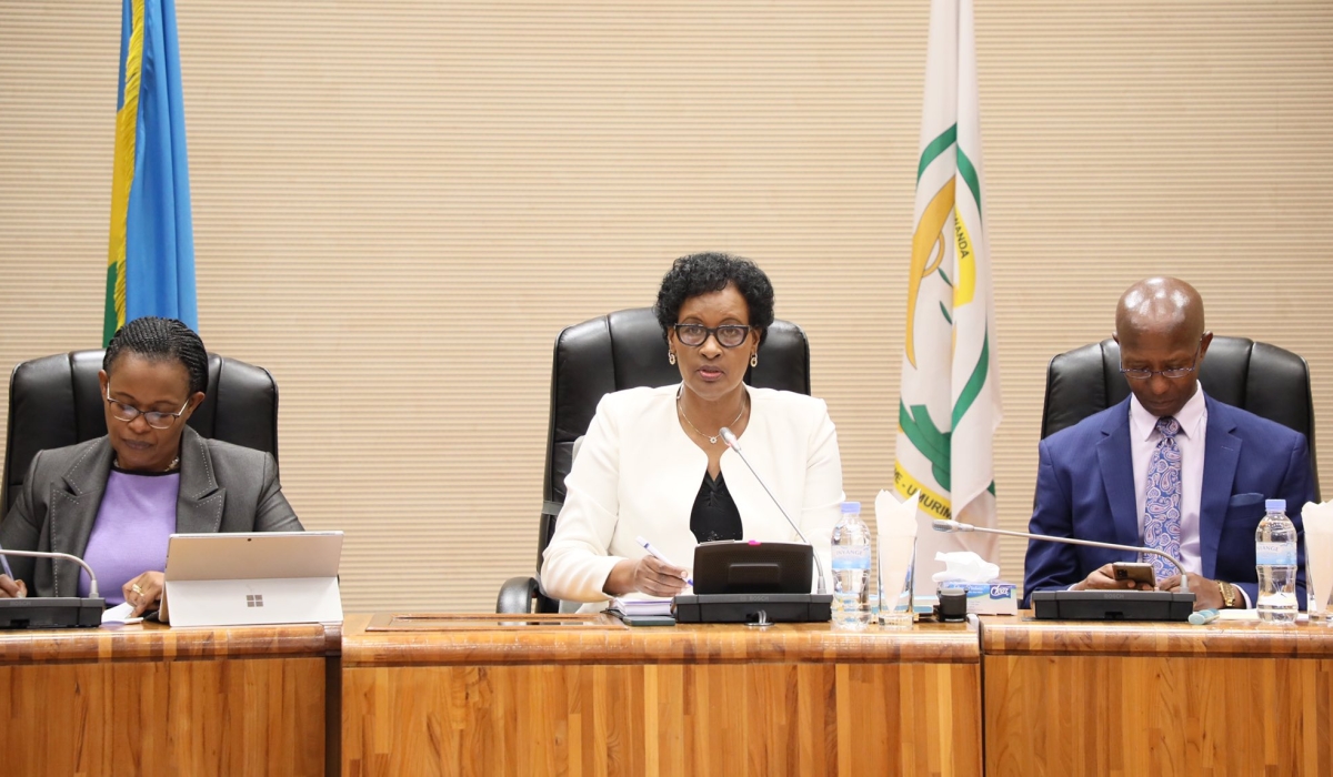 The Speaker of the Chamber of Deputies, DonatilleMukabalisa (centre), Deputy Speaker in charge of Parliamentary Affairs, Edda Mukabagiwiza (left), and Deputy Speaker in charge of Finance and Administration Mussa Fazil Harerimana,  
during a parliamentary session that resolved that the Ministry of Justice should expedite a tort law that will hold people accountable for making the Government incur losses by dragging it into court cases, in Kigali, on April 25, 2023. Courtesy