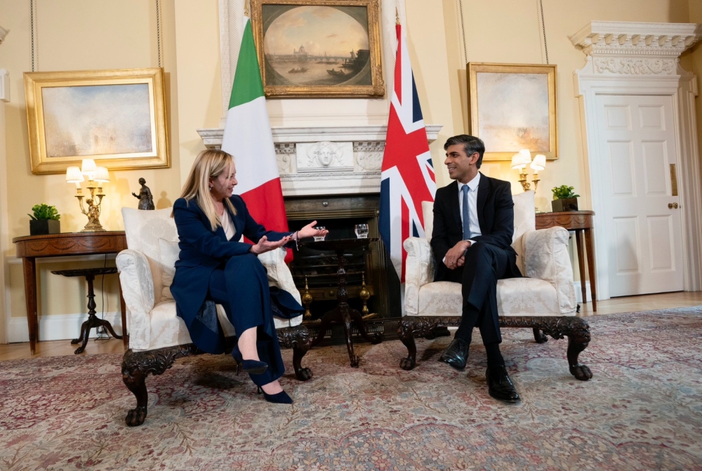 British Prime Minister Rishi Sunak and Italian Prime Minister Giorgia Meloni at Downing Street in London, Britain, on April 27, 2023. Meloni said Britain&#039;s plan to send migrants to Rwanda was a deal between two free nations which are safeguarding the safety of the people.